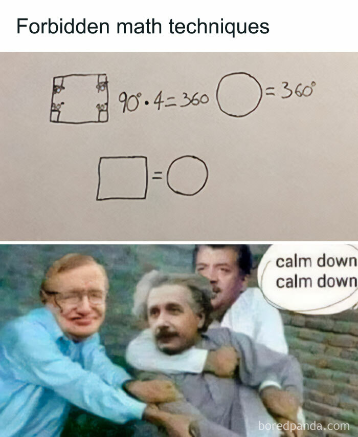 Funny math memes showing a square equaling a circle, with famous scientists looking shocked, bringing back math trauma.