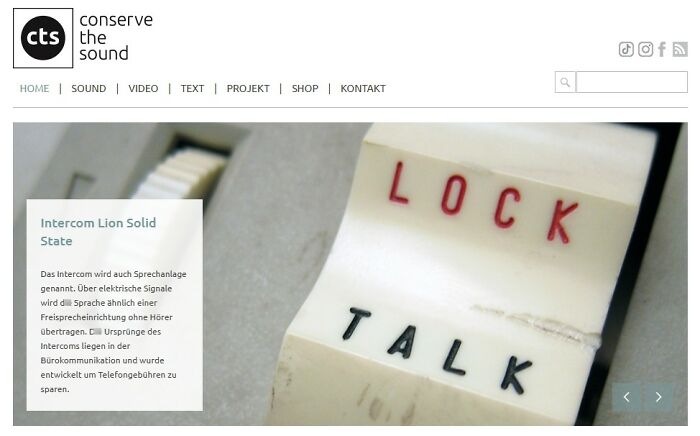 A website homepage features an interesting website about conserving sound, showcasing a vintage intercom with "LOCK" and "TALK" buttons.