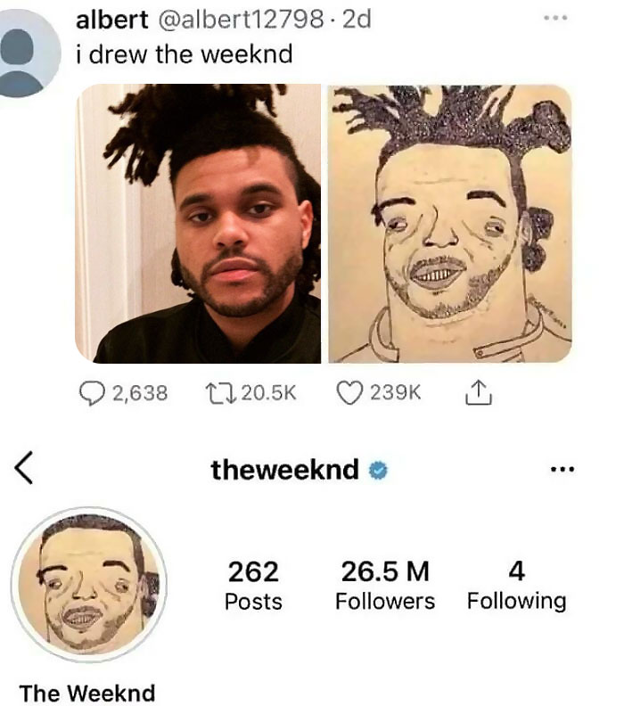 Humorous meme of a Twitter user drawing The Weeknd with a funny profile picture update
