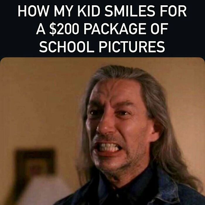 Funny mom meme about kid's forced smile for expensive school pictures