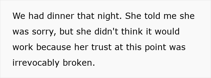 Text describing broken trust after paternity test and dinner conversation Text describing broken trust after paternity test and dinner conversation