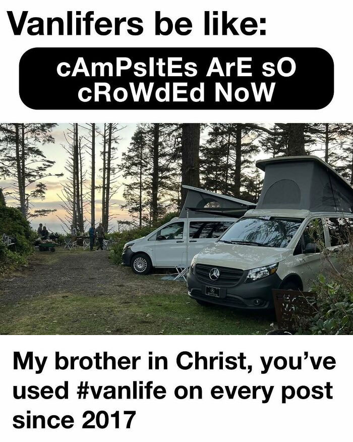 A meme about van life, showing two camper vans parked in a wooded area near a beach. It highlights the reality of living out of a van.
