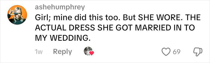 A social media comment describes a MIL wearing her actual wedding dress to her son's wedding. A social media comment describes a MIL wearing her actual wedding dress to her son's wedding.
