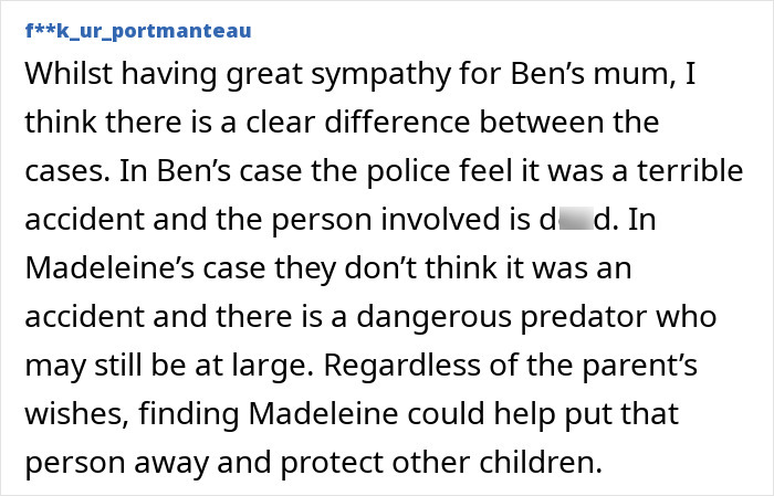 Comment discussing differences in missing child cases