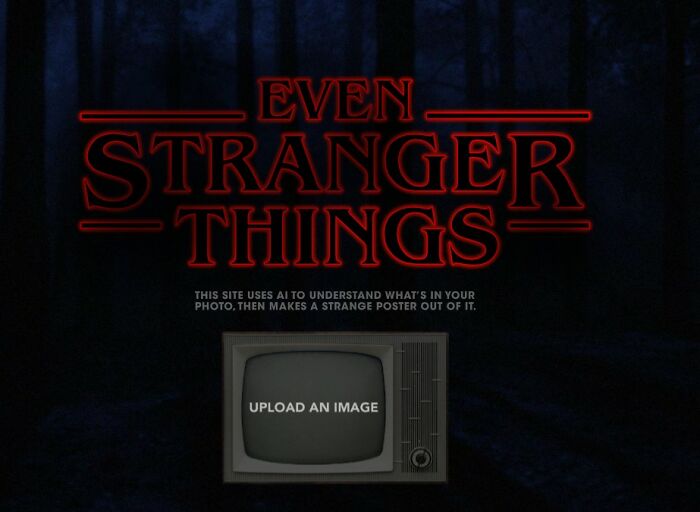 An interesting website simulating the Stranger Things logo style, featuring a retro TV with "UPLOAD AN IMAGE" on its screen.
