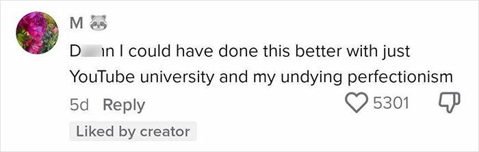 A social media comment criticizing an expensive contractor's work, stating I could have done this better with just YouTube university.