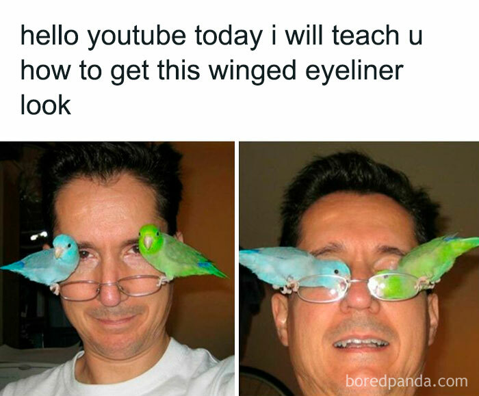 Man teaching winged eyeliner look with birds perched on his glasses.