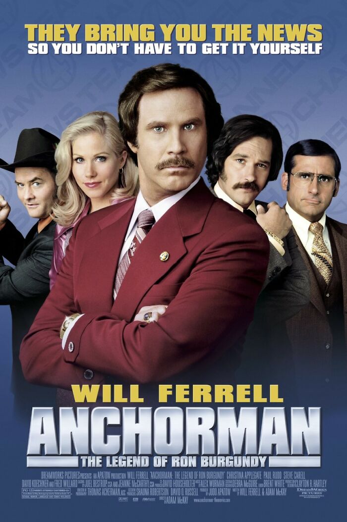 Anchorman movie poster with Will Ferrell and cast in front of blue background
