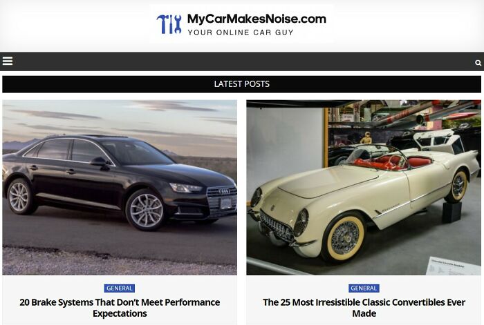 A website featuring two interesting websites: a black Audi sedan and a cream classic convertible.