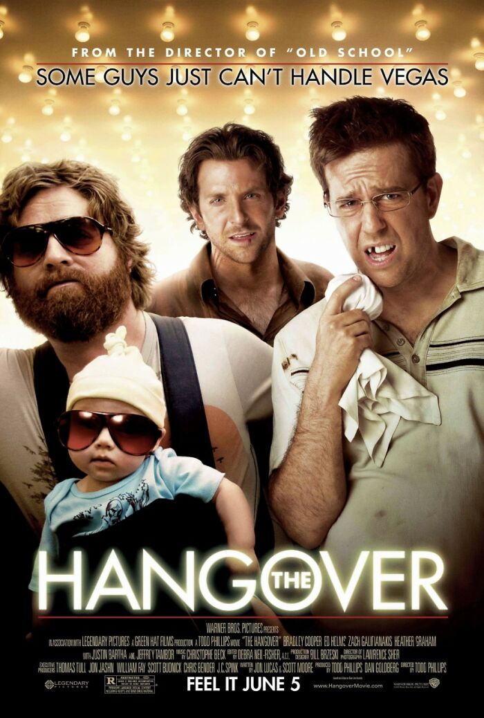 The Hangover movie poster with four main characters and a baby