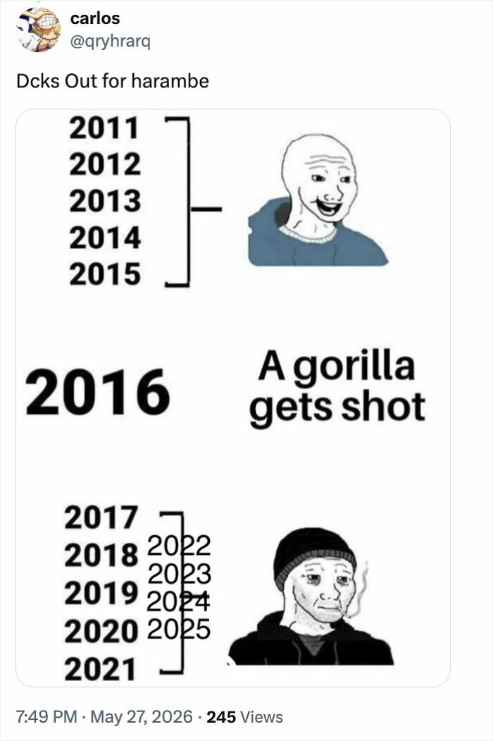 Twitter meme showing Harambe gorilla d***h with years before and after 2016