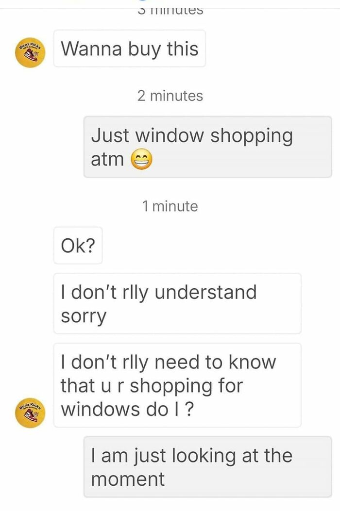 Vinted chat where buyer misunderstands window shopping as shopping for windows