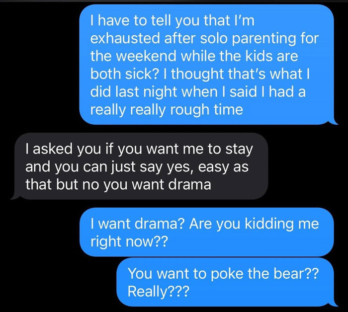 Text conversation about exhaustion and miscommunication in parenting during sick kids Text conversation about exhaustion and miscommunication in parenting during sick kids