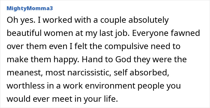 Work experience with attractive women showing pretty privilege in professional behavior