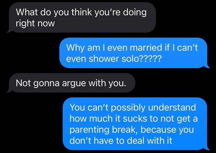 Text messages about difficulty showering solo and parenting break Text messages about difficulty showering solo and parenting break