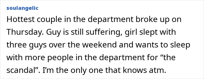Office drama story about department breakup and scandalous relationships