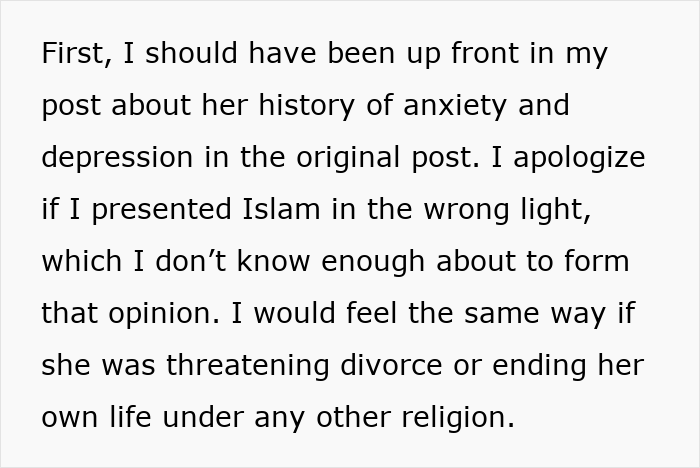 Text from a social media post, a husband discussing his wife becomes Muslim and her past anxiety.