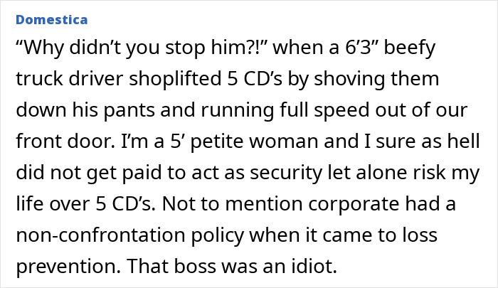 Boss questioning employee for not stopping shoplifter despite safety and policy concerns