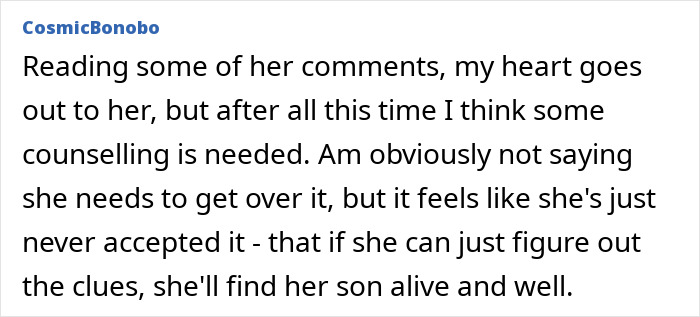 Comment reflects on mother's need for counseling in missing child case