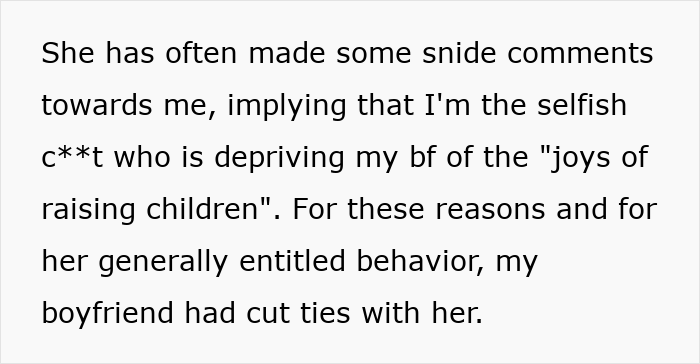 Text describing snide comments and entitlement causing boyfriend to cut ties with cousin Text describing snide comments and entitlement causing boyfriend to cut ties with cousin