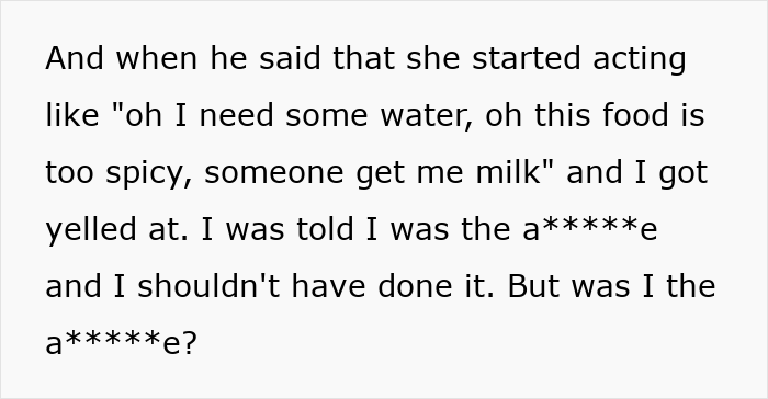 Text about sister in law reacting to spicy food and milk request