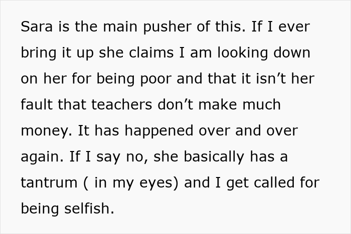 Text describing bridesmaid's defensive reactions to money issues Text describing bridesmaid's defensive reactions to money issues