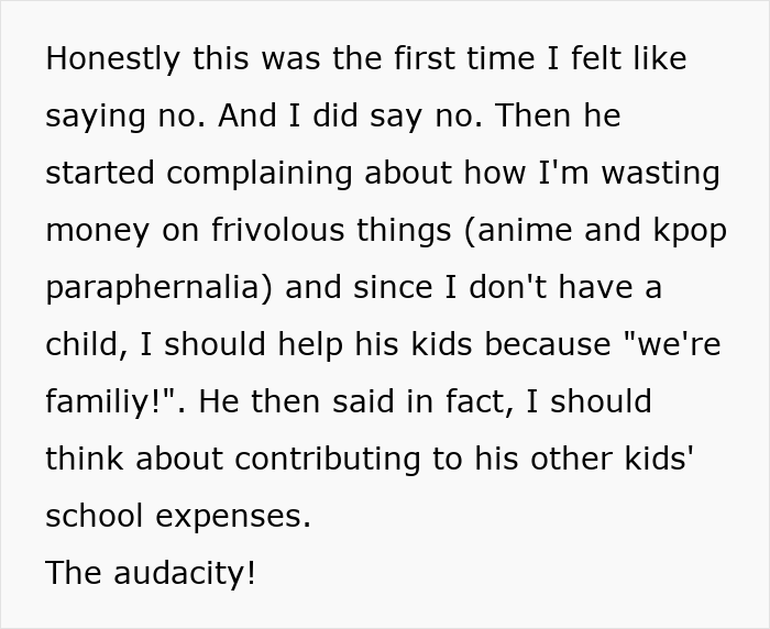 Text post about brother asking for money to support his kids and family conflicts