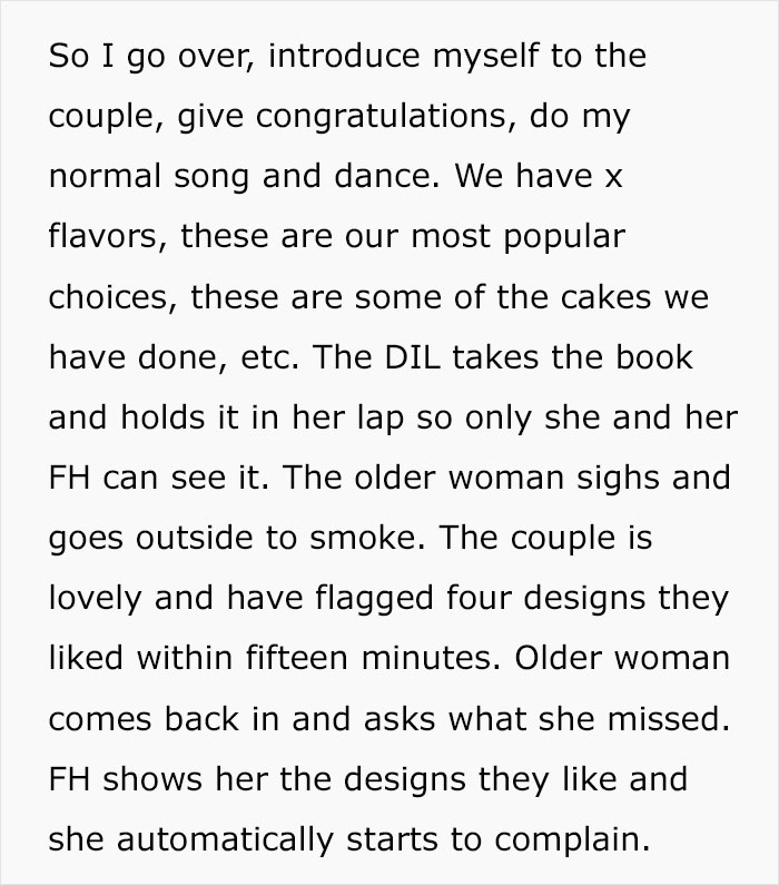 Text describing customer interaction and wedding cake design selection at bakery Text describing customer interaction and wedding cake design selection at bakery