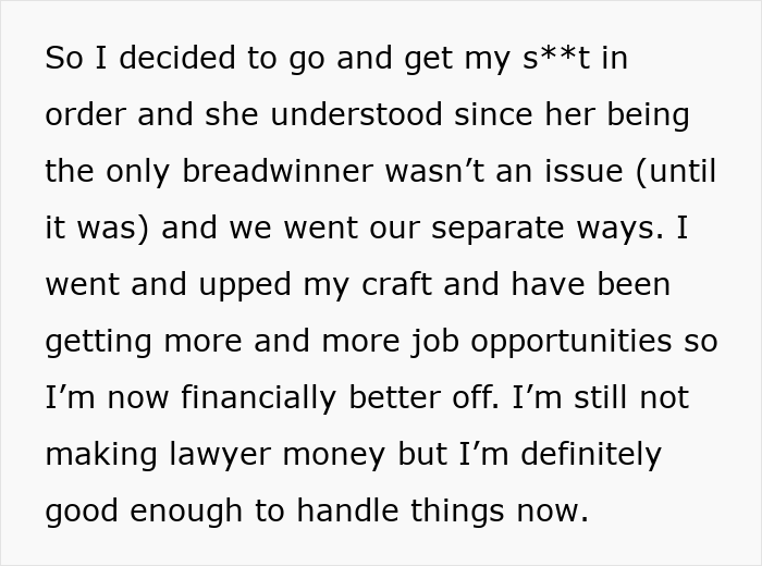 Text describing a person leaving their wife and kids to improve financially, part of a story about regretting the decision.