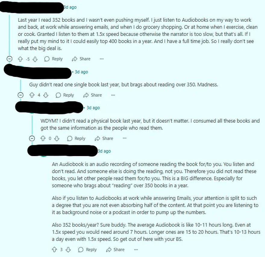 A screenshot of a Reddit thread where a user's claim of reading 352 books is exposed as listening to audiobooks, facing consequences.