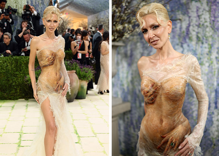A celebrity at the Met Gala 2026 wearing a sheer dress with molded body parts and extra arms.