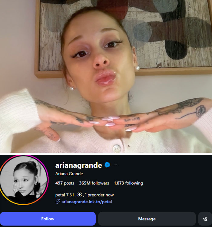 Ariana Grande with puckered lips, and her Instagram profile showing 365M followers after the Instagram bot purge.