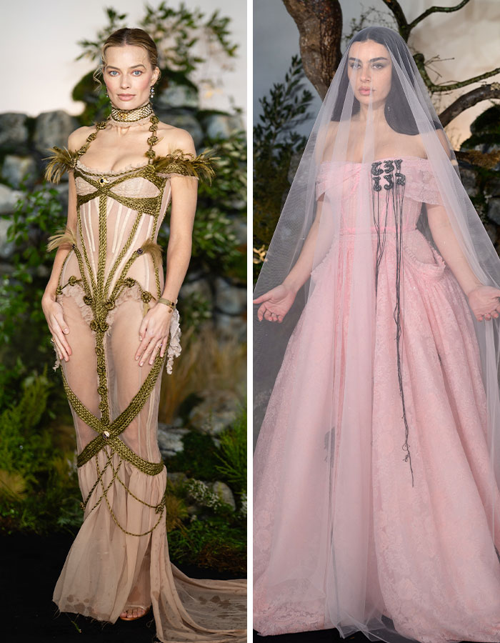 Margot Robbie in a sheer dress and another model in a pink gown with a veil, showcasing bizarre fashion trends of 2026.