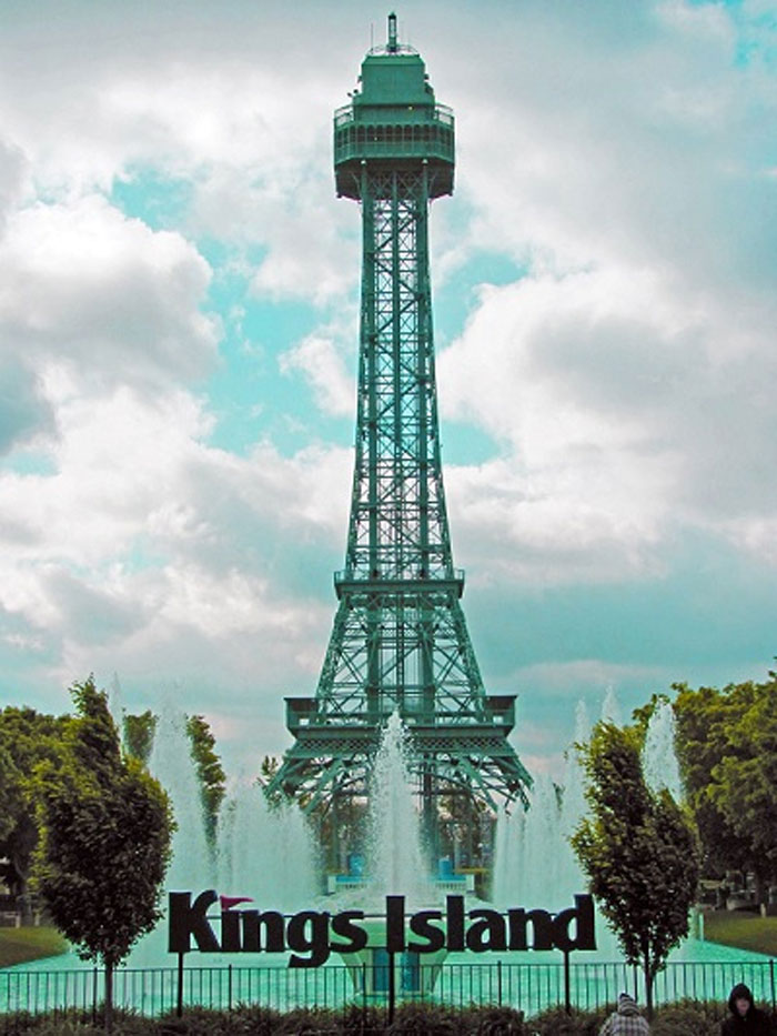 Observation tower at Kings Island amusement park with fountains