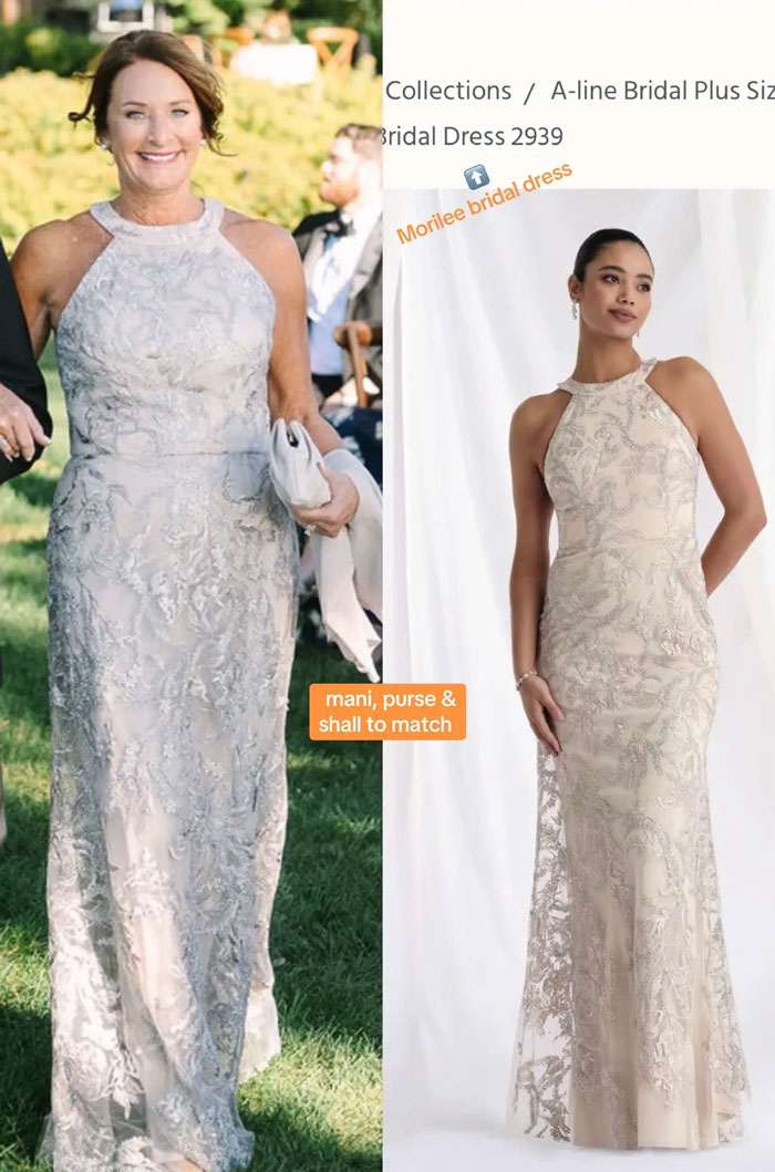 Mother-in-law wearing the bridal dress at son’s wedding next to a model in the same Morilee bridal dress. Mother-in-law wearing the bridal dress at son’s wedding next to a model in the same Morilee bridal dress.