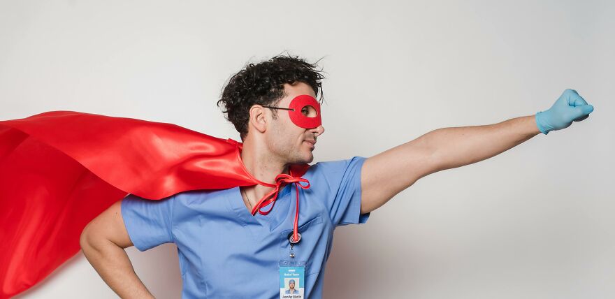 Man in superhero costume symbolizing instant mood booster