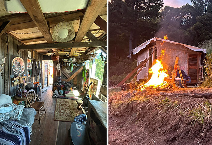 Rustic tiny home interior and exterior with fire burning outside