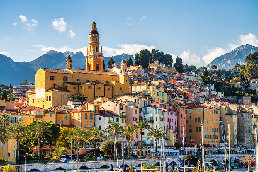 Colorful hillside village with Mediterranean architecture