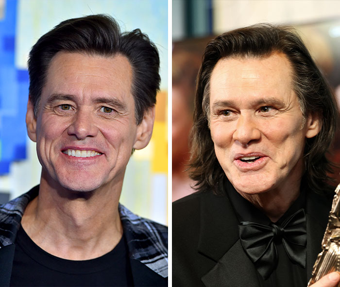 Side by side images of Jim Carrey showing male celebs unrecognizable transformations