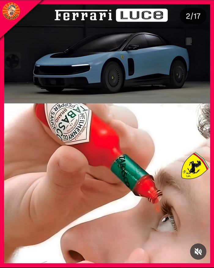 Ferrari Luce electric car meme showing hot sauce and car analogy