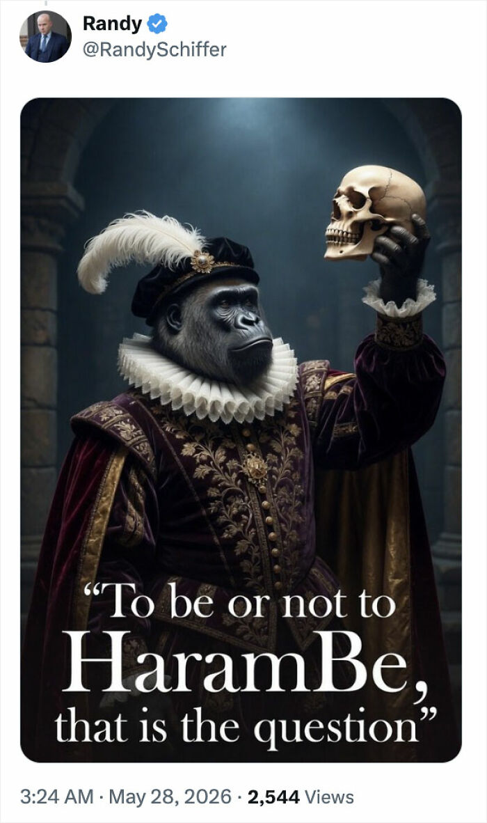 Gorilla dressed as Shakespeare holding a skull with Harambe tribute text