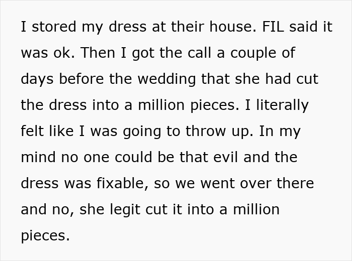Text recounting MIL cutting wedding dress into pieces days before wedding