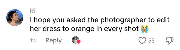 A comment about editing a mother-in-law's wedding dress in photos to a different color, like orange. A comment about editing a mother-in-law's wedding dress in photos to a different color, like orange.
