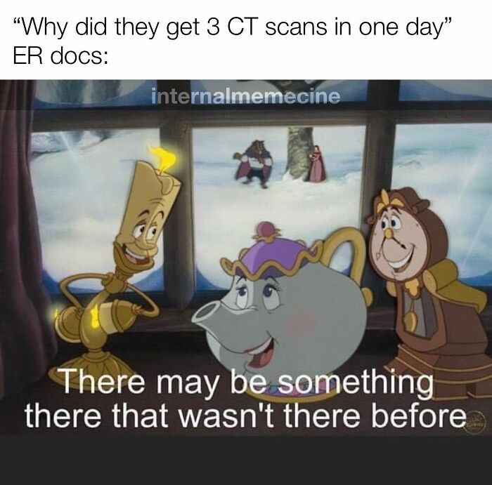 A Beauty and the Beast meme for medical memes, showing Lumiere, Mrs. Potts, and Cogsworth, with text about ER docs.