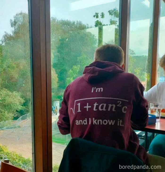 A person in a maroon hoodie with a math equation and text sits indoors, facing a window. Funny math memes.