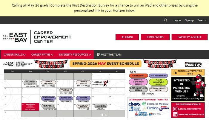 A May 2026 event schedule for a university career center, showcasing various interesting websites and programs.