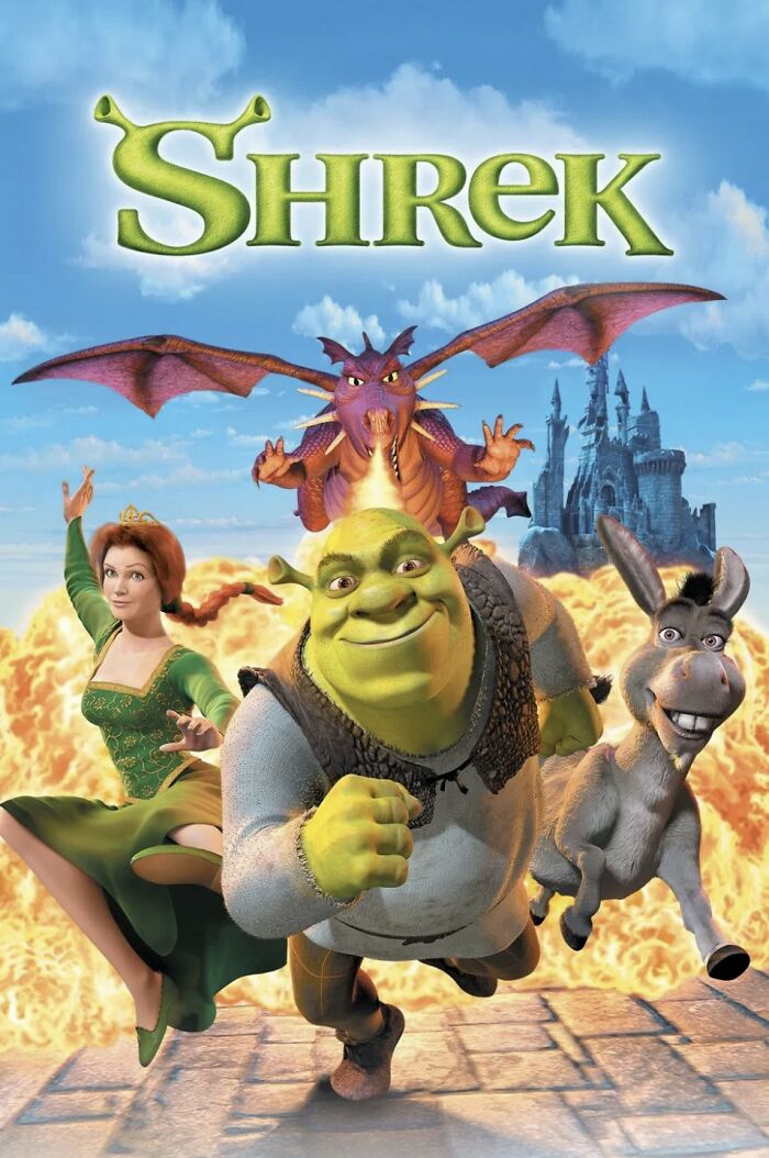 Shrek animated movie poster featuring Shrek, Donkey, Fiona, and dragon