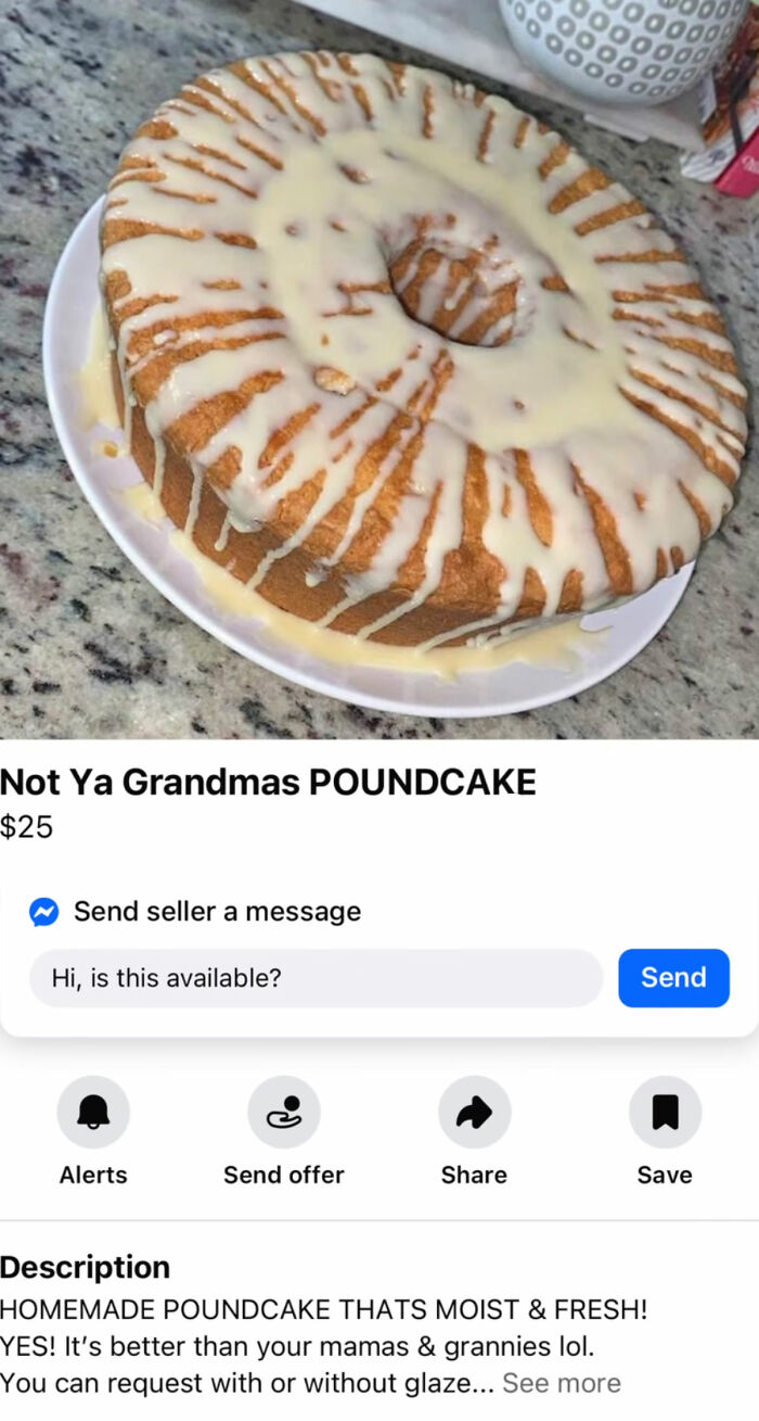 Homemade moist poundcake with glaze on white plate