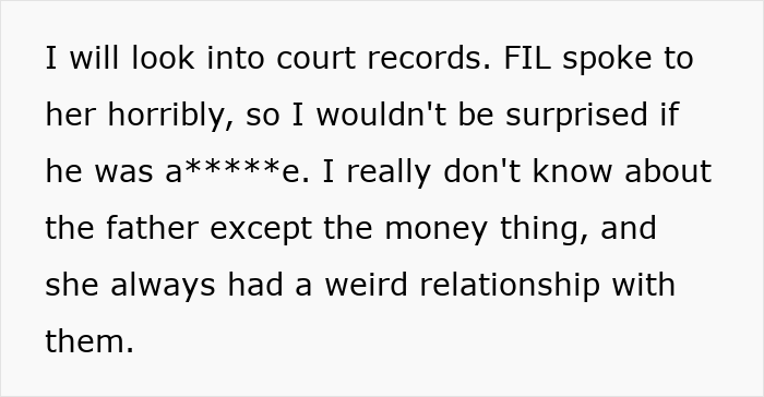 Text about court records and FIL's behavior in wedding conflict