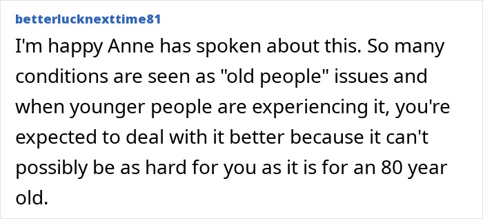 Comment appreciating Anne Hathaway discussing health conditions